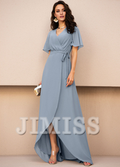 A-line V-neck asymmetric bow pleated chiffon bridesmaid dress