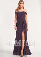 A-line off-the-shoulder floor-length chiffon bridesmaid dress