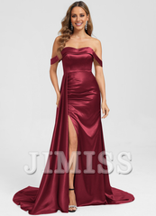 Trumpet fishtail off-shoulder swept train satin prom dress