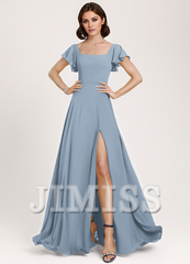 Ruffled A-Line Square Floor-Length Chiffon Bridesmaids Dress