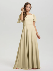 A-line square collar ruffled short sleeved and ground chiffon/ground length bridesmaid dress