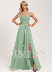 Ruffled A-line V-neck Floor-length Chiffon Bridesmaids Dress