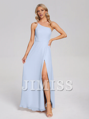 Shoulder side slit chiffon and floor length bridesmaid dress