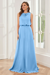 Pillar style wind neck sleeveless chiffon and floor length bridesmaid dress