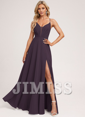 A-line V-neck tea-length chiffon pleated bridesmaid dress