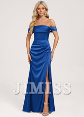 Ruffled A-Line Off-The-Shoulder Floor-Length Matte Satin Bridesmaids Dress