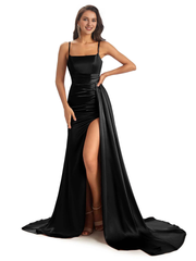 Sexy and soft satin side slit thin shoulder strap long fish tail bridesmaid dress