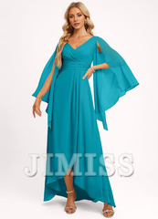 Ruffled A-line V-neck Asymmetric Chiffon Bridesmaids Dress