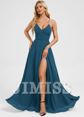A-line V-neck pleated floor-length chiffon prom dress