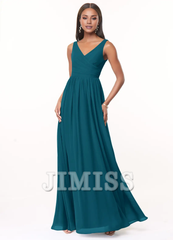 A-line V-neck pleated chiffon and floor length bridesmaid dress - Jimiss Dress