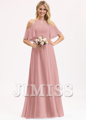 A-line off-the-shoulder scoop neck floor-length chiffon bridesmaid dress