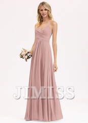 A-line V-neck floor-length chiffon pleated bridesmaid dress