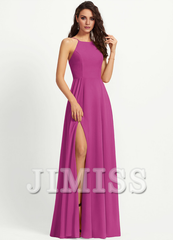 A-line low round neck floor down chiffon bridesmaid dress