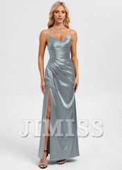 Bodycon straight V-neck floor-length pleated satin prom dress