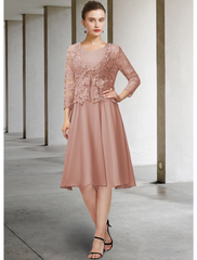 Two Piece A-Line Mother of the Bride Dress Elegant Jewel Neck Knee Length Chiffon Lace 3/4 Length Sleeve with Bow(s)