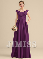 Ruffled A-Line Off-The-Shoulder Floor-Length Satin Bridesmaids Dress
