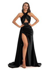 Sexy and soft satin hanging neck side slit and floor length fish tail bridesmaid dress
