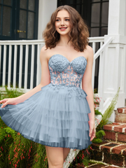 Transparent decal tight corset layered sheer short Homecoming dress