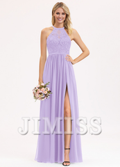 A-line Scoop Neck Floor Length Lace Chiffon Bridesmaids Dress