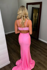Two Piece V Neck Pink Sequins Long Prom Dresses