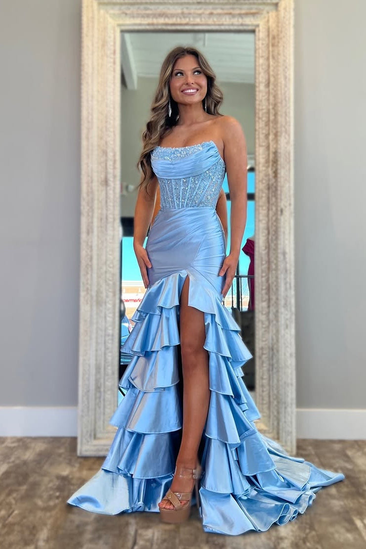Mermaid Scoop Neck Tiered Satin Prom Dresses
