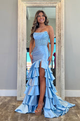 Mermaid Scoop Neck Tiered Satin Prom Dresses