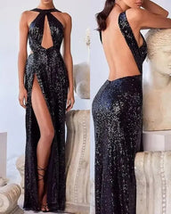 Black Sheath/Column Halter Floor-Length Prom Dresses Sparkly