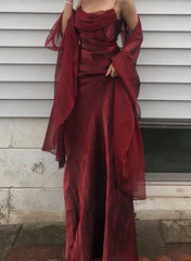 Long Spaghetti Straps Simple Burgundy Prom Dress Birthday Outfits P446