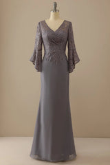 V-neck lace grey long sleeved bridal mother dress