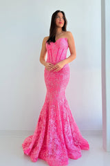 Mermaid Strapless Pink Lace Long Prom Dresses