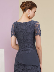 Two Piece Mother of the Bride Dress Formal Wedding Guest Vintage Elegant Scoop Neck Knee Length Chiffon Lace Short Sleeve Jacket Dresses with Tier Appliques