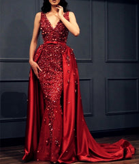 Mermaid V-neck Crystal Beaded Satin Dress Removable Skirt