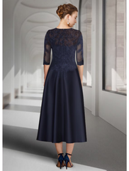 A-Line Mother of the Bride Dress Wedding Guest Elegant Satin Lace Sleeve with Pleats Appliques