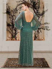 Mother of the Bride Dress Elegant Sparkle Shine V Neck Floor Length Lace Sequined Long Sleeve with Beading Sequin
