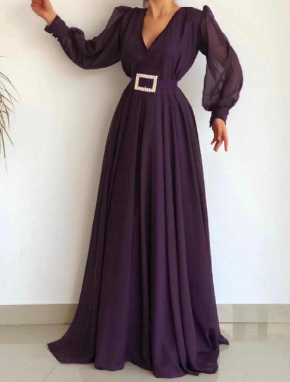 Aimishang Elegant A-Line Minimalist Elegant Engagement Formal Evening Dress V Neck Long Sleeve Floor Length Chiffon with Sash / Ribbon Pleats