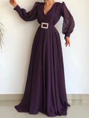 Aimishang Elegant A-Line Minimalist Elegant Engagement Formal Evening Dress V Neck Long Sleeve Floor Length Chiffon with Sash / Ribbon Pleats