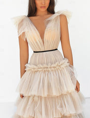 Aimishang A-Line Prom Dresses Elegant Dress Prom Sweep / Brush Train Sleeveless V Neck Tulle V Back with Ruffles