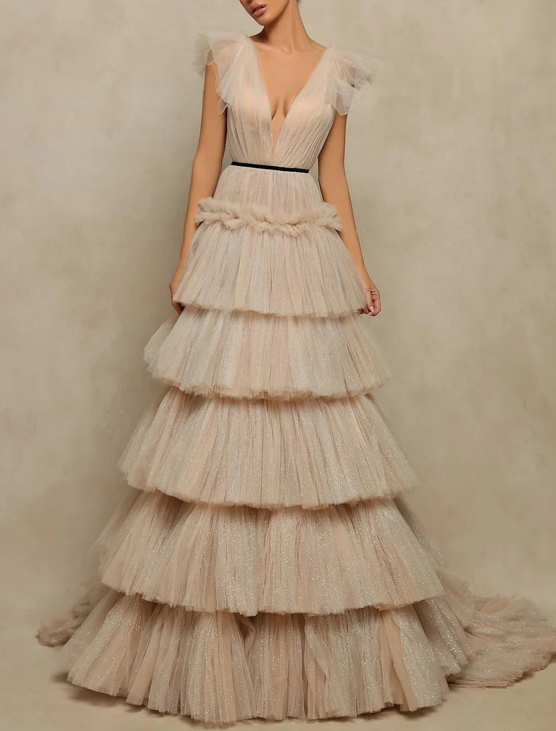 Aimishang A-Line Prom Dresses Elegant Dress Prom Sweep / Brush Train Sleeveless V Neck Tulle V Back with Ruffles