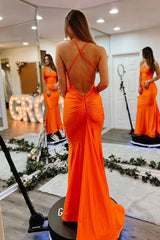Mermaid Halter Orange Satin Long Prom Dresses