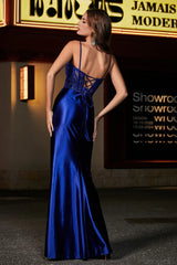 Aimishang Elegant Prom Dresses Sheath Prom Dresses Spaghetti Straps V Neck Applique Satin Dress With Slit