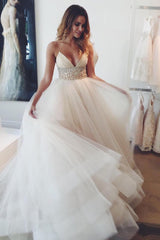 Long Spaghetti Straps A-line Empire White Wedding Dress with Beads