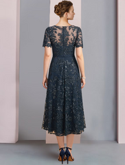 Two Piece A-Line Mother of the Bride Dress Elegant Scoop Neck Short Sleeve with Sequin Appliques