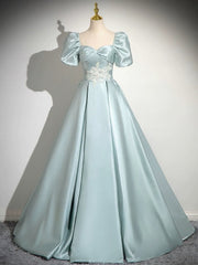 A-Line Sweetheart Neck Puff Sleeves Satin Blue Long Prom Dress, Blue Long Formal Dress