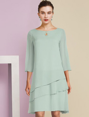 Two Piece A-Line Mother of the Bride Dress Formal Wedding Guest Elegant Scoop Neck Knee Length Chiffon Sleeve with Tier