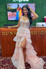 A Line Sweetheart Blush Pink Tulle Tiered Prom Dresses