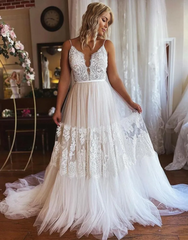 Aimishang Wedding Dress A-Line Court Train Spaghetti Straps Boho Tulle