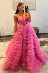 A Line Strapless Keyhole Tulle Print Ruffle Tiered Prom Dress Off Shoulder Floor Length
