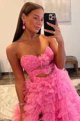 A Line Strapless Keyhole Tulle Print Ruffle Tiered Prom Dress Off Shoulder Floor Length