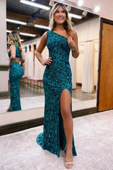 Wholesale Sparkly Peacock Blue Sequins Mermaid One Shoulder Long Prom Dress with Slit