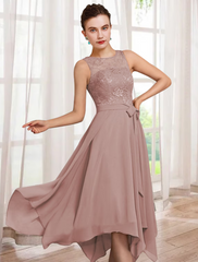 Two Piece A-Line Mother of the Bride Dress Elegant Tea Length Chiffon Lace Half Sleeve Wrap Included with Sash Ribbon